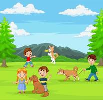 Group of children playing with their dogs in the park vector
