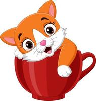 Cartoon cute kitten sitting in red cup