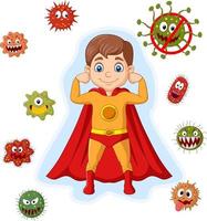 Cartoon strong superhero boy with viruses and bacteria vector