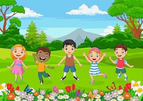 Happy children jumping in the jungle background vector