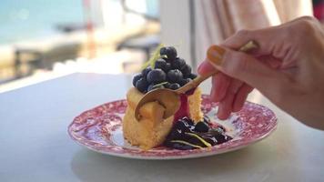 Gâteau au fromage aux bleuets sur une assiette en porcelaine vintage video