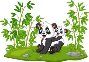 Cartoon mom and baby panda in the bamboo tree vector