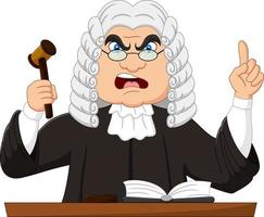 Angry male judge holding gavel and pointing up vector