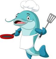 Cartoon catfish chef holding a frying pan and spatula