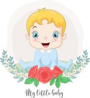 dibujos animados lindo bebé niño con fondo de flores vector