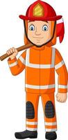 Cartoon firefighter holding an axe vector