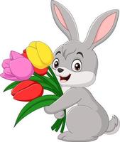 lindo bebé conejo sosteniendo flores vector