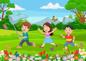 Cartoon little kids playing in the garden