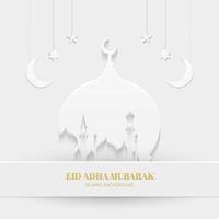 eid adha mubarak tarjeta de felicitación color blanco con fondo de mezquita diseño islámico vector