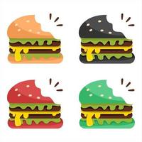 Vector illustration set of bitten hamburger filled with cooked meat and cheese, business and restaurant themes, suitable for advertising food products.