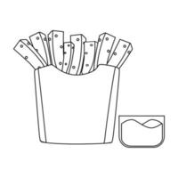 Black and white vector illustration of french fries in a box container with tomato sauce for coloring book and doodle