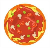 ilustración vectorial de pizza con salsa de tomate y queso, champiñones y cobertura de tomate. tema de restaurante y comida, adecuado para publicitar productos alimenticios vector
