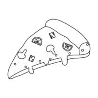 Black and white vector illustration of pizza slice with mushrooms and tomato topping