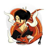 geisha japón mujeres con dragón para diseño de camiseta vector