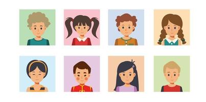 Set of different avatar of boys and girls on square.Flat vector cartoon character illustration.