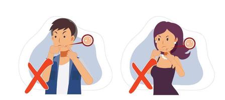 conjunto de mujer y hombre tratando de hacer estallar la espinilla en la cara del acné. Está prohibido hacer estallar el acné. ilustración de personaje de dibujos animados de vector plano