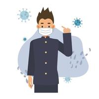 covid-19 concept.male japanese student is showing that he is wearing medical mask.Flat vector cartoon character illustration.
