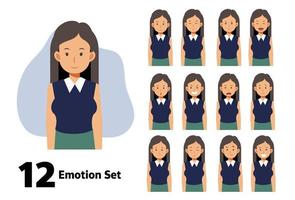 Beautiful woman, long hair lady with different facial expressions set.Flat vector cartoon character illustration.