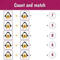 Educational worksheet for preschool kids. Count and match. Math game for children. vector