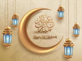 Eid Mubarak concept, islamic design crescent moon and arabic calligraphy. Vector illustration