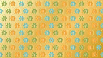 Japanese flowers in gold hexagon line art seamless design pattern on golden background vector