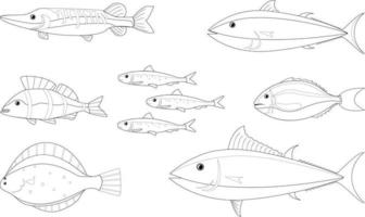 imagen de varios peces sin color para el libro de dibujo vector