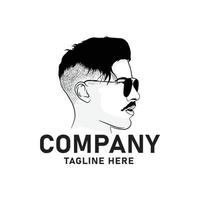 diseño de logotipo de hombre con gafas, silueta de persona mirando hacia adelante con bigote grueso sin barba, masculino, guapo, fresco, uso para corte de pelo, peluquería y modelo vector