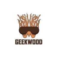 Wooden man mascot character cartoon logo design with growing branches without leaves, wearing brown glasses vector illustration