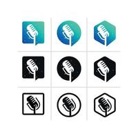 A collection of illustrations of podcast radio icons. Studio desk microphone with on-air text broadcast. Webcast audio recording concept logo vector