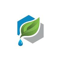 logotipo de diseño de hoja verde con gotas de agua sobre fondo gris azul forma geométrica vector