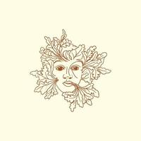 Woman's face logo with leaf outline covering the face. Bacchus or Dionysus. Vintage style for plants vector