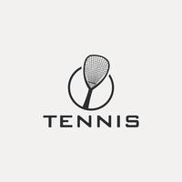 Tennis racket in circle and icons isolated on white background. Simple flat logo design. Vector illustration.