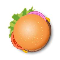 Top view of cheeseburger isolated on white background, vector illustration