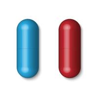 Blue and red medical pills, tablets, capsules isolated on white background, vector illustration