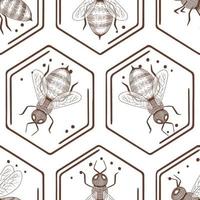 Seamless pattern with hand drawn bees in the honeycomb. vector