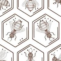 Seamless pattern with hand drawn bees in the honeycomb. vector