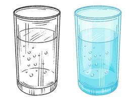 Monochrome and color glasses of water. Hand drawn objects. vector