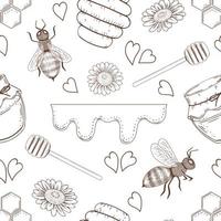 Seamless pattern from hand drawn elements. Honey, bees, flowers. vector