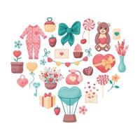 romantic frame. Heart from cute elements. Pajamas, cake, lollipop, key, heart, letters. cartoon style. Vector illustration. Isolated on white.