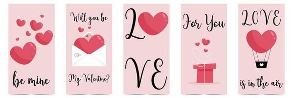 Collection of Valentine's Day postcards with red balloon hearts, gift box and romantic love text. Editable vector illustration for invitation, gift card, website, promo banner or flyer.