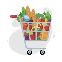 carrito de compras con ruedas lleno de comida y bebida. Ilustración de vector de compras de comestibles familiares de fin de semana en estilo plano. carrito de supermercado lleno de alimentos: frutas, verduras, leche, pan, pescado.