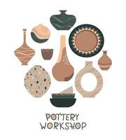 Pottery workshop. Set of ceramics, vases, kitchen objects. vector