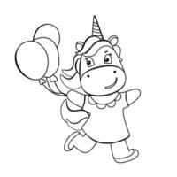 Funny unicorn with balloons coloring book. Cute cartoon pony character in black and white style. For postcards, posters, book illustrations. Vector illustration in doodle style.