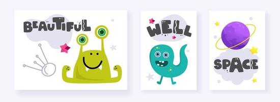 Funny Space Monster. Cute Alien, Planets, Rockets, UFOs. Postcards cards isolated on a white background. For souvenirs, textiles, office supplies. Vector illustration.