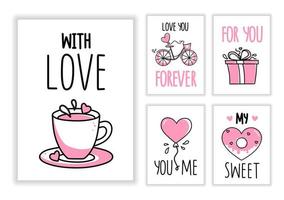 Cute Greeting Cards Stickers for Valentine's Day Greeting Cards cards isolated on white background. For souvenirs, textiles, office supplies. Vector