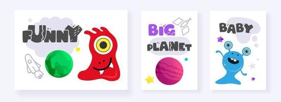 Funny Space Monster. Cute Alien, Planets, Rockets, UFOs. Postcards cards isolated on a white background. For souvenirs, textiles, office supplies. Vector illustration.