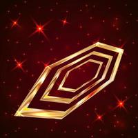 Bright golden hexagon on a dark red background with sparkling stars and particles. Luxury vector illustration. Easy to edit design template for your business projects.