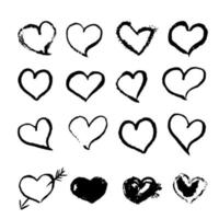 Set of 16 hand drawn black hearts isolated on white. Grunge heart shapes vector illustration. Textured brush stroke. Watercolor painting effect. Valentines day theme. Easy to edit elements of design.