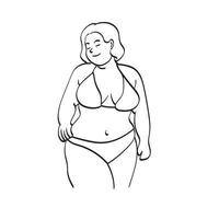 smiling overweight young woman in swimsuit posing  illustration vector hand drawn isolated on white background line art.