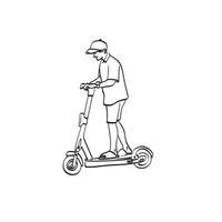 hombre de arte de línea con gorra montando un e-scooter ilustración vector dibujado a mano aislado sobre fondo blanco